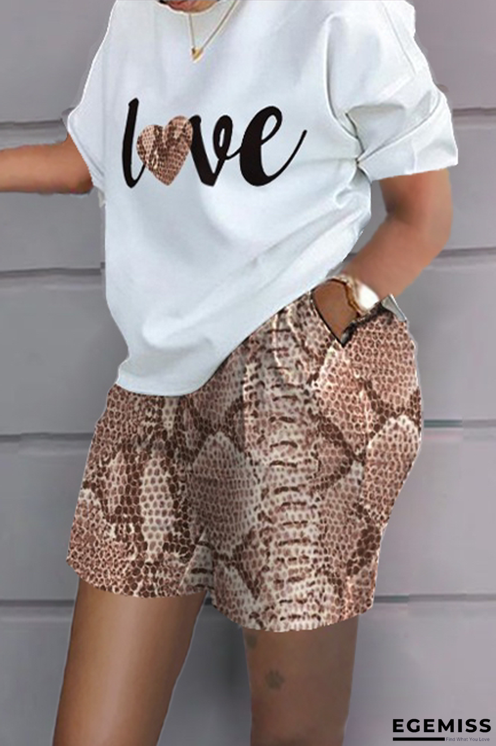 Snake Print Casual Print Patchwork O Neck Short Sleeve Two Pieces | EGEMISS