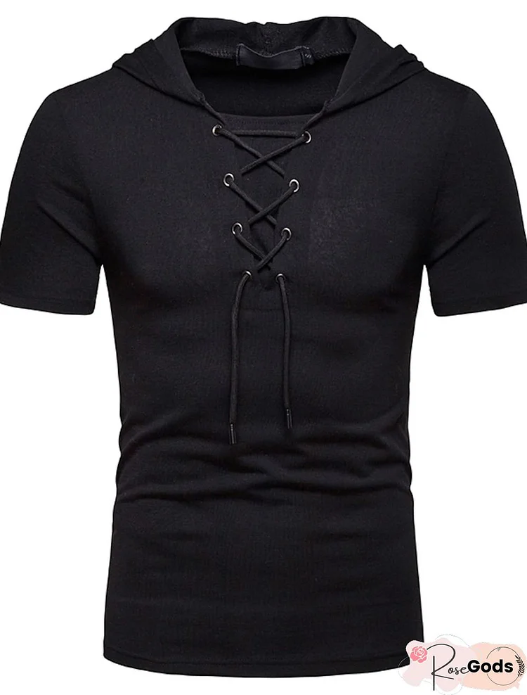 Men's T Shirt Solid Colored Lace Up Short Sleeve Daily Tops Basic Shirt Collar