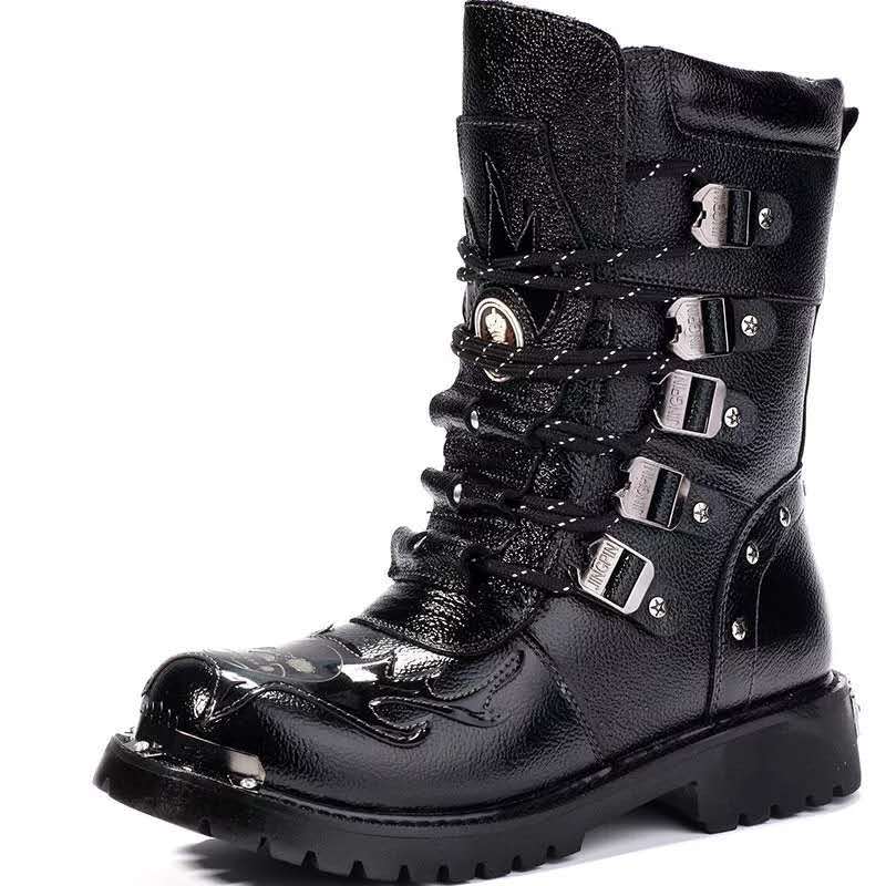 Versusstols winter shoes for men Winter Men Motorcycle Boots 2024 New Fashion Mid-Calf Gothic Belt Punk Boots Men's PU Leather High Top Shoes Mens Plush Botas