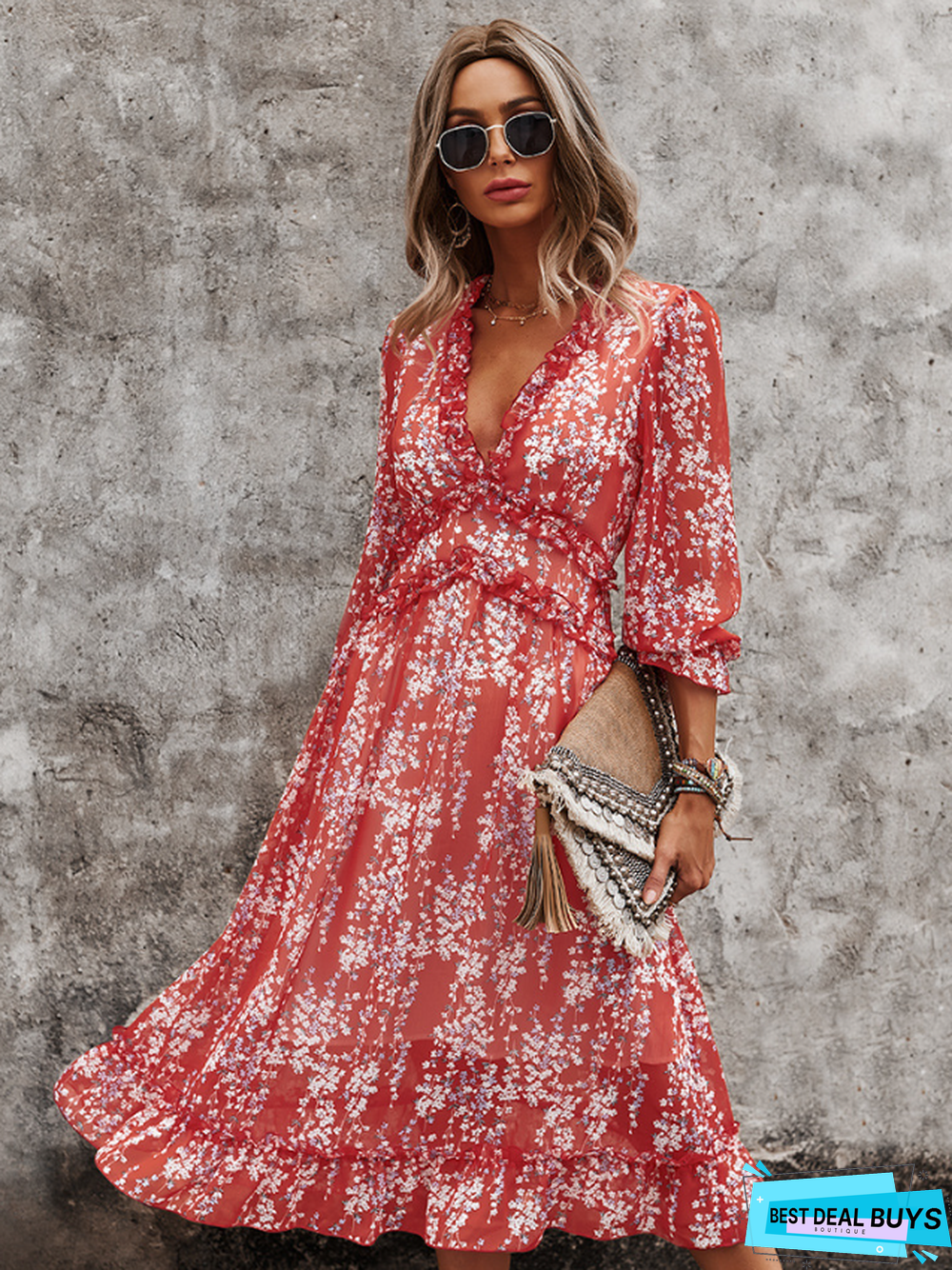 Spring and Summer V-Neck Minimalist Print Dress Girl