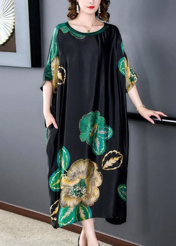 Loose Black O Neck Print Patchwork Silk Dresses Batwing Sleeve