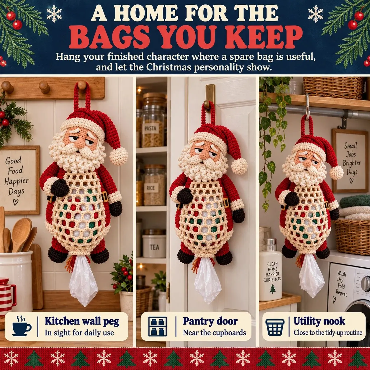 Finished Santa bag holder displayed on a kitchen wall peg, pantry door and utility nook