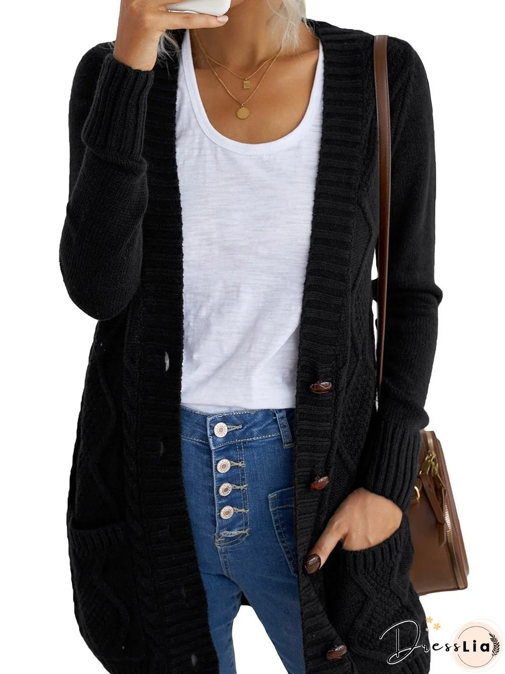Cozy Black Knit Cardigan with Button-Up Front and Pockets