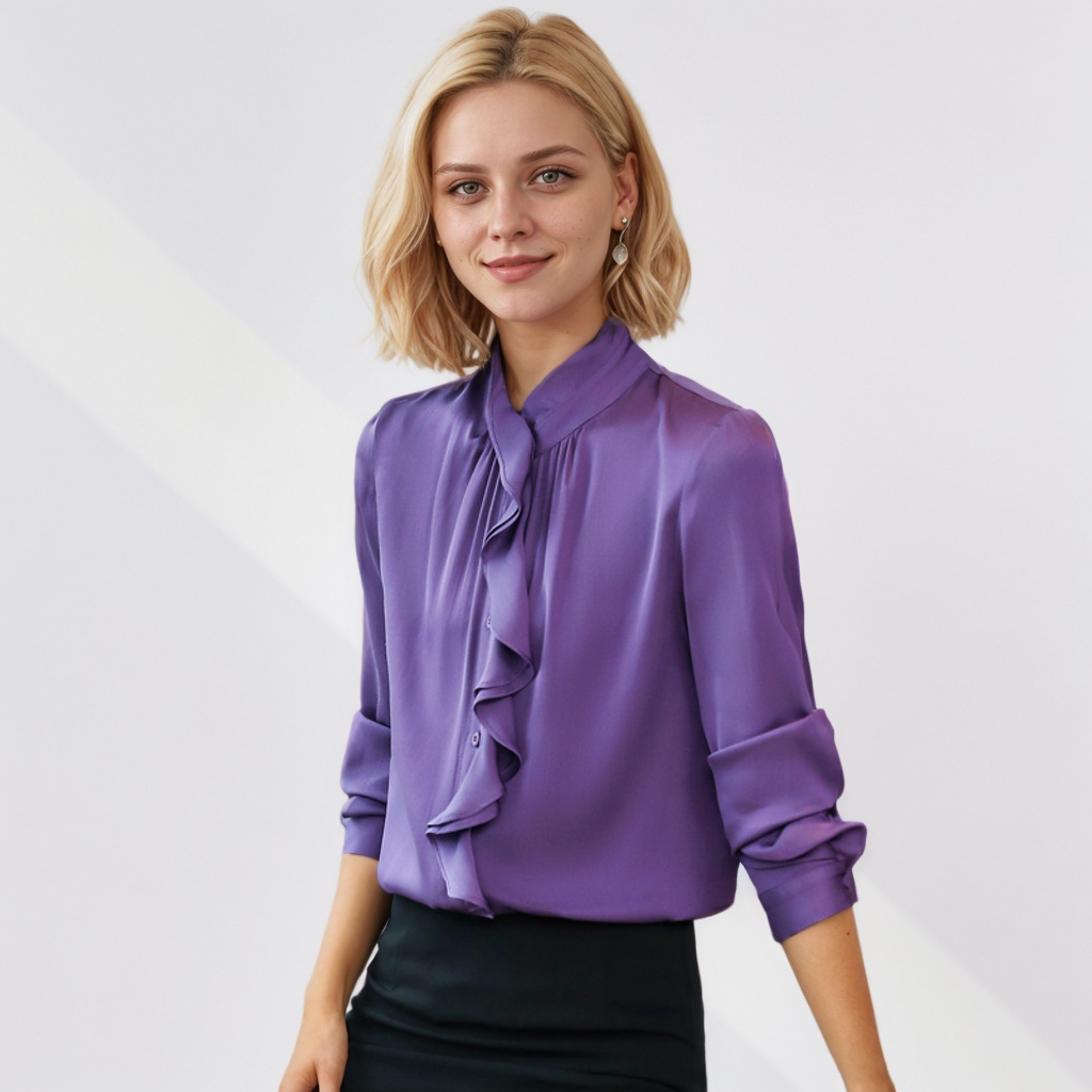 Ruffled Silk Blouse Solid Color REAL SILK LIFE