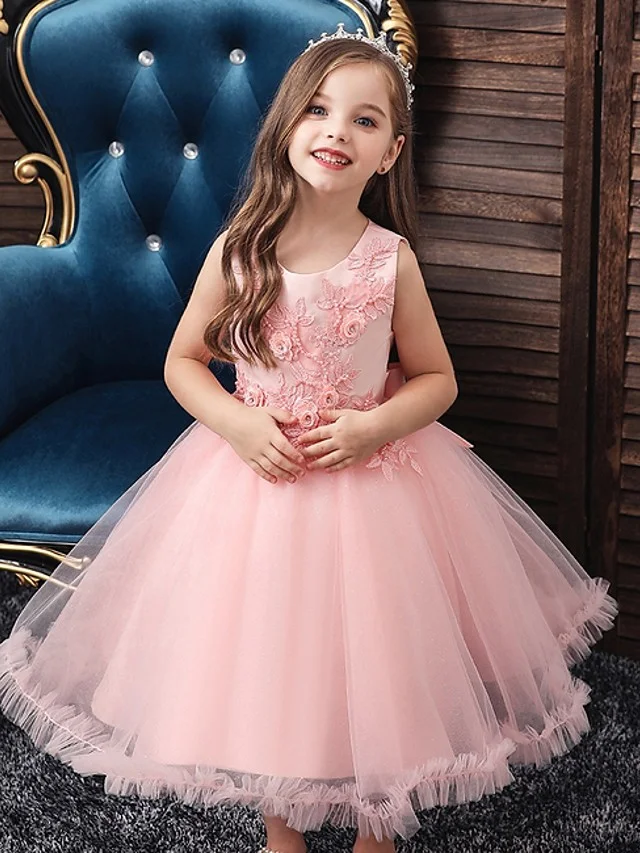 Daisda Sleeveless Jewel Ball Gown Knee Length Flower Girl Dress Tulle  With Bow Beading  Appliques