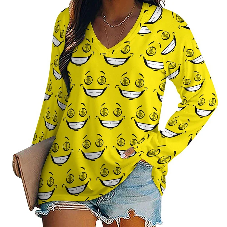 Rich Greedy Money Eyes Yellow Face Women Crew Neck Dressy Tops Loose V-Neck Long Sleeve Tunic Tops - Heather Prints Shirts