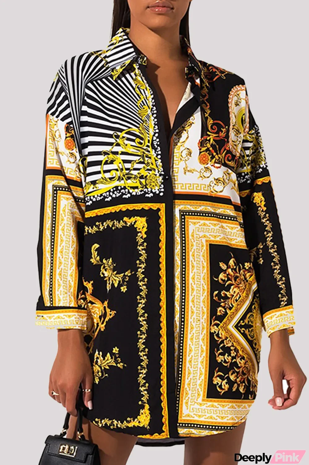 Multicolor Fashion Casual Print Basic Turndown Collar Shirt Dress