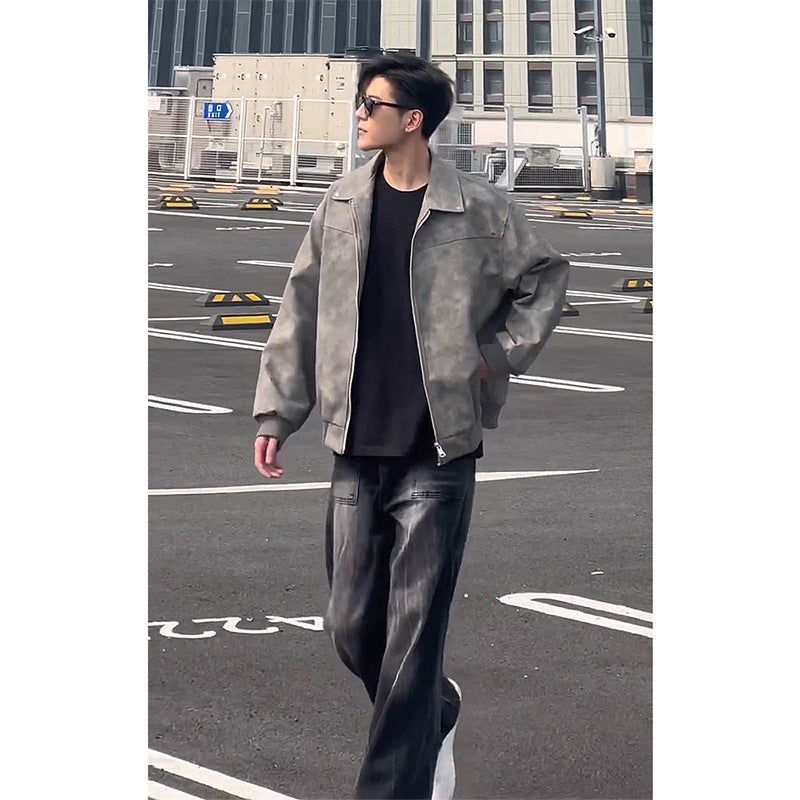 mens fall outfits Cleanfit Gray Short Leather Jacket American Ruffle Handsome High Sense Men's Retro Lapel Motorcycle Leather Jacket