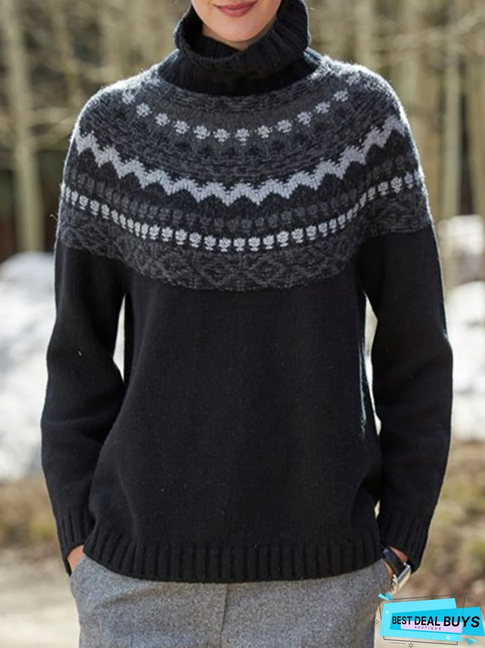 Black Long Sleeve Printed Plus Size Sweater