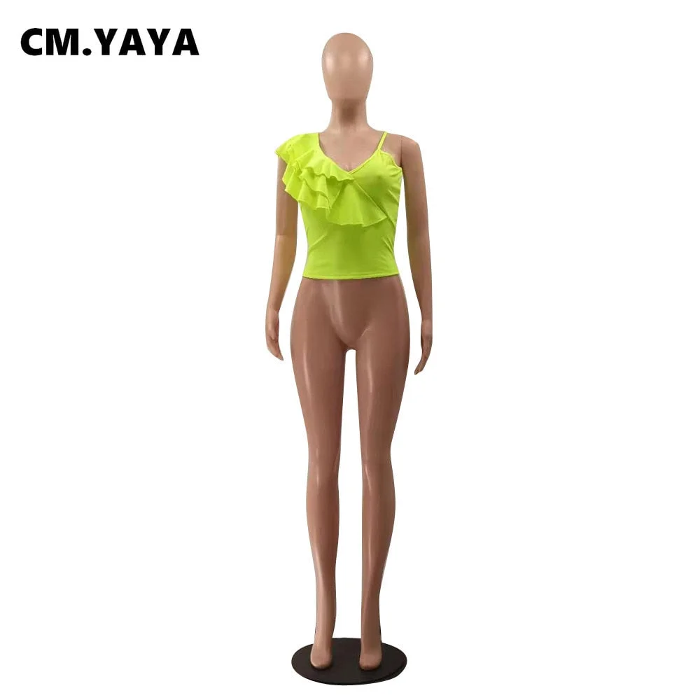 CM.YAYA Women Camis Solid Ruffles Spaghetti Strap V-neck Tops Sexy Night Club Clothing Summer Fashion Top Tees Female 2021