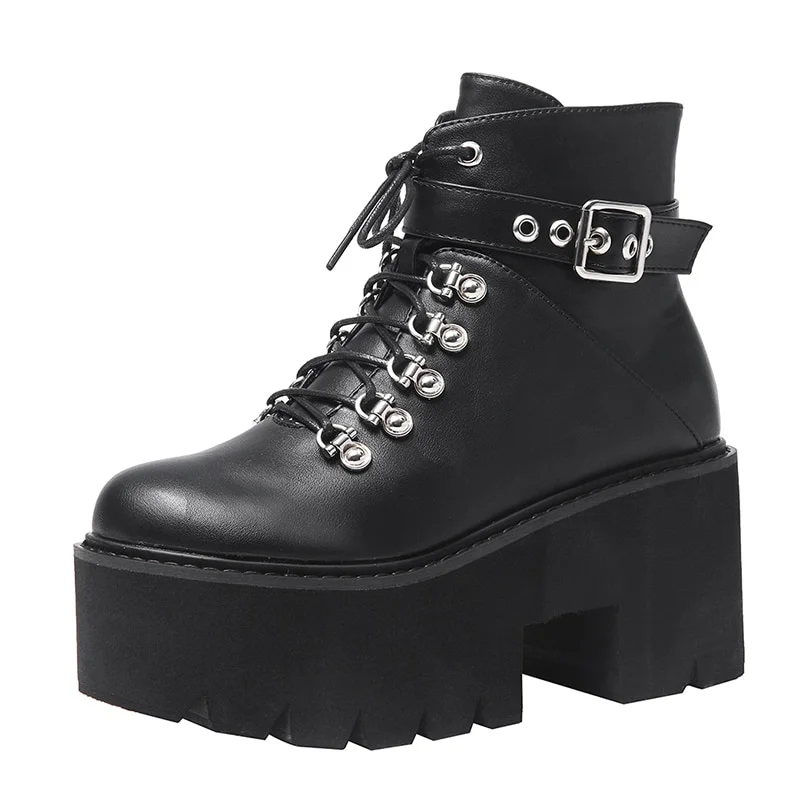 Canrulo Autumn Winter Chunky Heel Platform Boots Lace-up Black Gothic Boots Women Plush Inside Comfortable Sexy Buckle Footwear