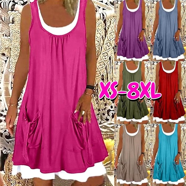 XS-8XL Spring Summer Dresses Plus Size Fashion Clothes Women's Casual Summer Beach Dress Sleeveless Dresses with Pockets Ladies Off Shoulder Stiching Layered Party Dress O-neck Cotton Tank Top Dress Loose Dress - Life is Beautiful for You - SheChoic