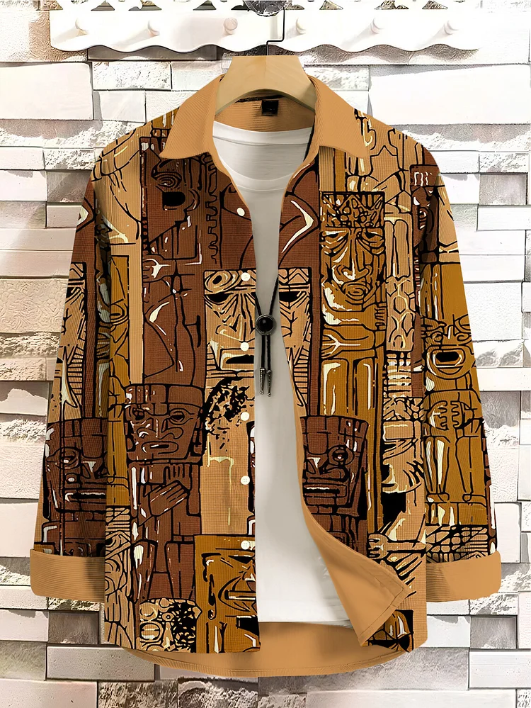 Men's Traditional African Wood Carving Patterns Print Corduroy Long Sleeve Shirt