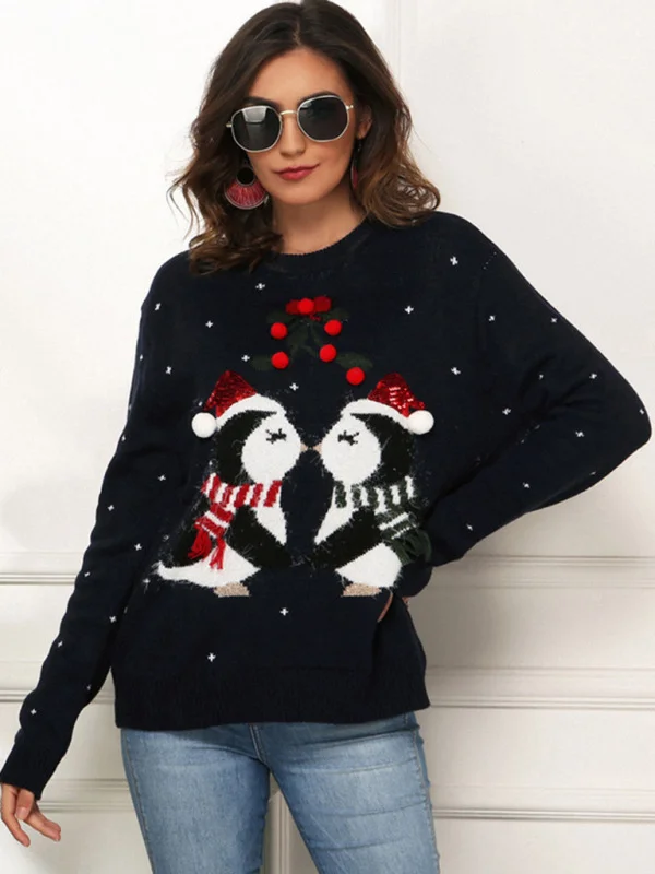 Women's Little Penguin Jacquard Loose Long Sleeve Knit Pullover Christmas Sweater Flusfy