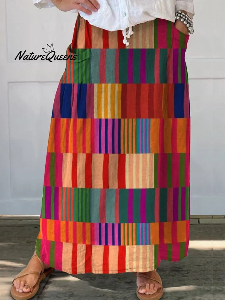 Modern Colorful Geometric Pattern Printed Women's Linen Pocket Skirt