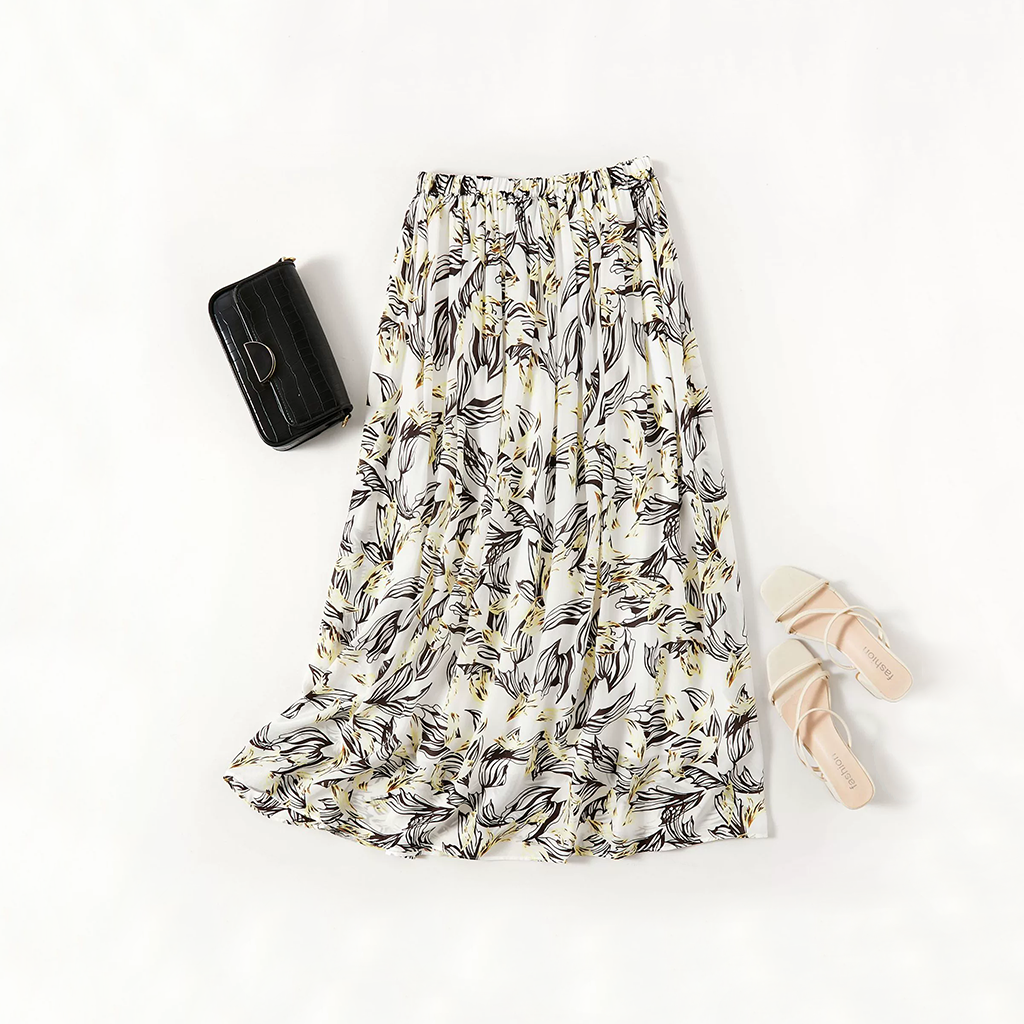 Beach-ready Silk Skirt with Multicolored Floral Prints for Seaside Strolls REAL SILK LIFE