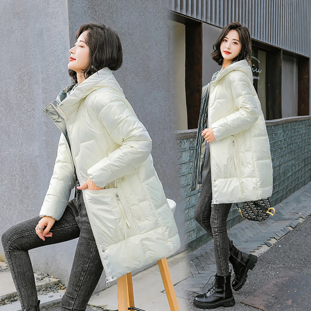 Vielleicht New Winter Thicken Women's Puffer Coat Glossy Warm Hooded Long Cotton Padded Jacket Ladies Winter Down Cotton Parkas