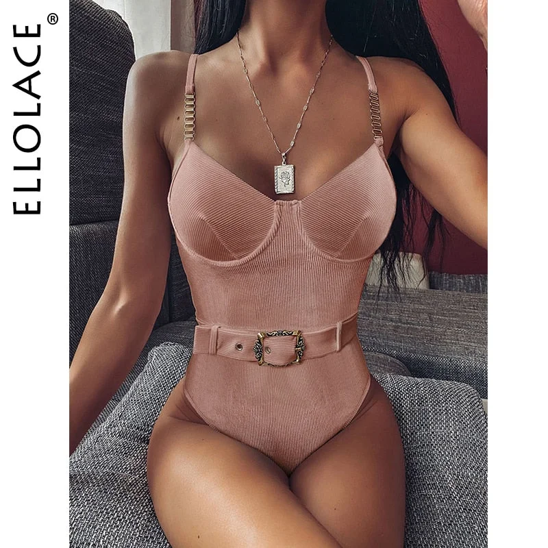 Ellolace One Piece Swimsuit Women Bikini Ribbed Bodycon Bodysuit Bathing Suit 2020 Women's Swimsuit Swimwear 6 Color Biquini