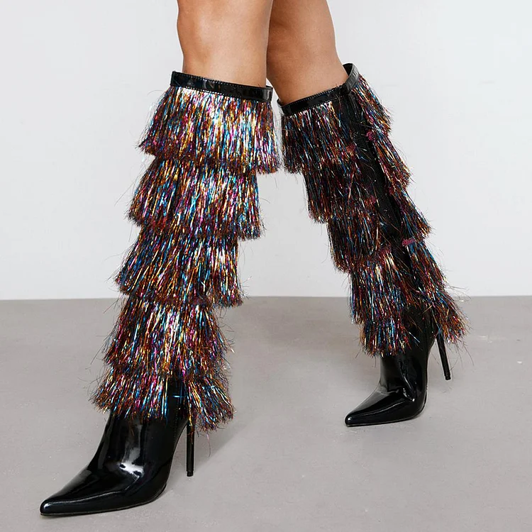 Multicolor Fringe Shoes Pointed Stiletto Sexy Heels Patent Knee Boots |FSJ Shoes