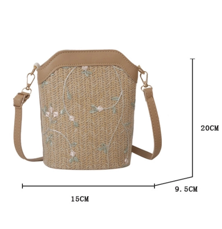 Women’s Small Straw Floral Streetwear Zipper Bucket Bag