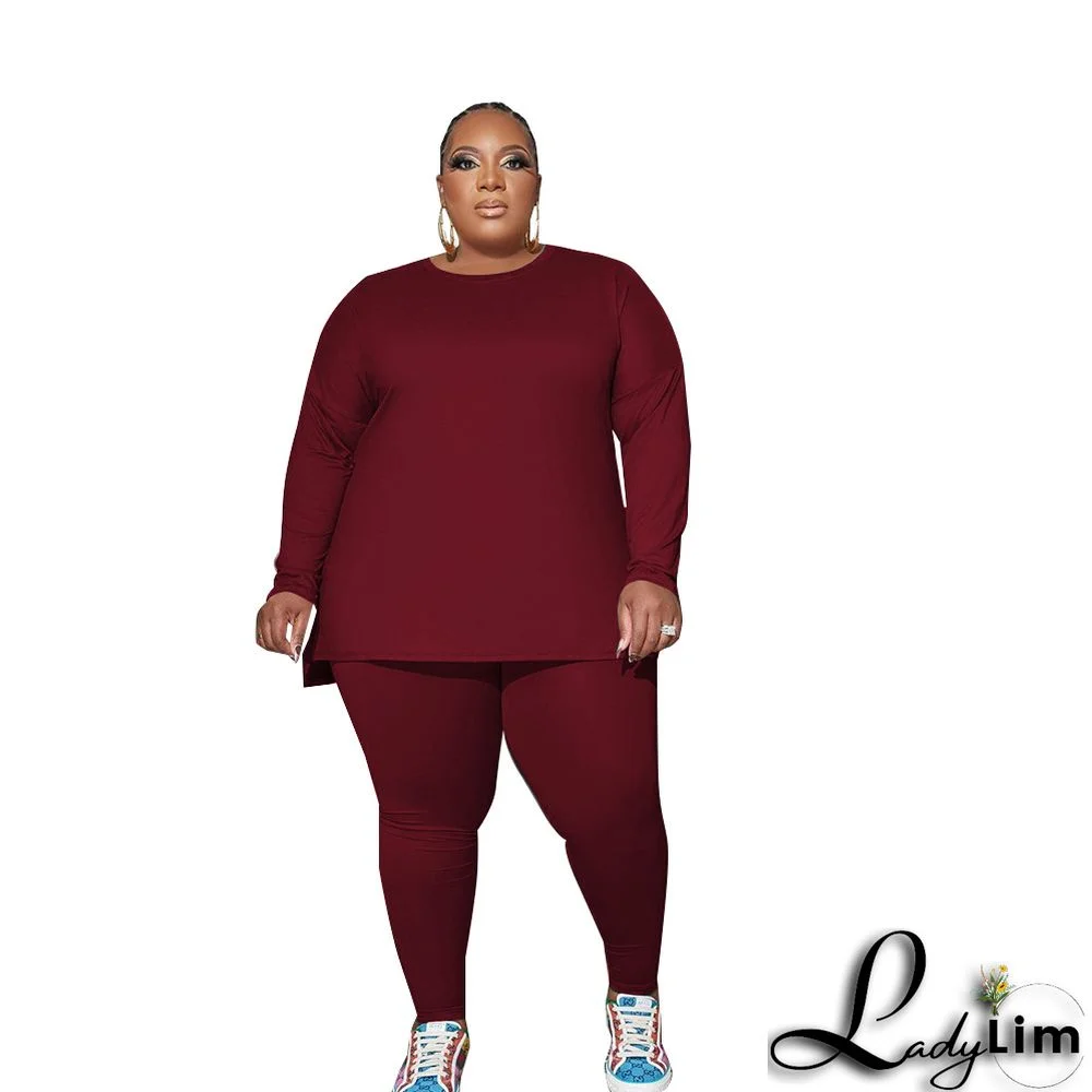 Plus Size Women Autumn and Winter Solid Color Long Sleeve Top+Pant Two-piece Set