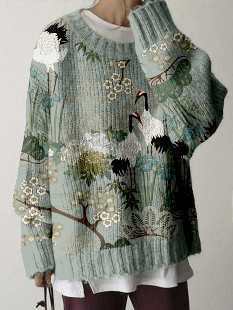 Japanese Crane Garden Art Cozy Knit Sweater