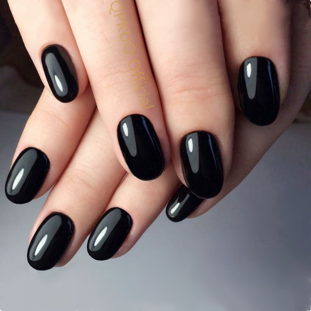 24Pcs Shiny Black Press On Fake Nails With Jelly Glue Artificial Short False Nails Full Cover Finger Tips Manicure Tool