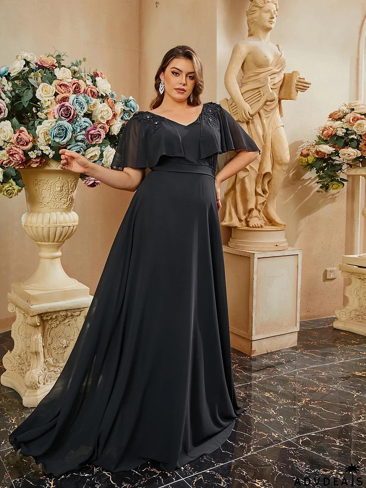 Plus Size V-Neck Chiffon Black Evening Dress PRH30709