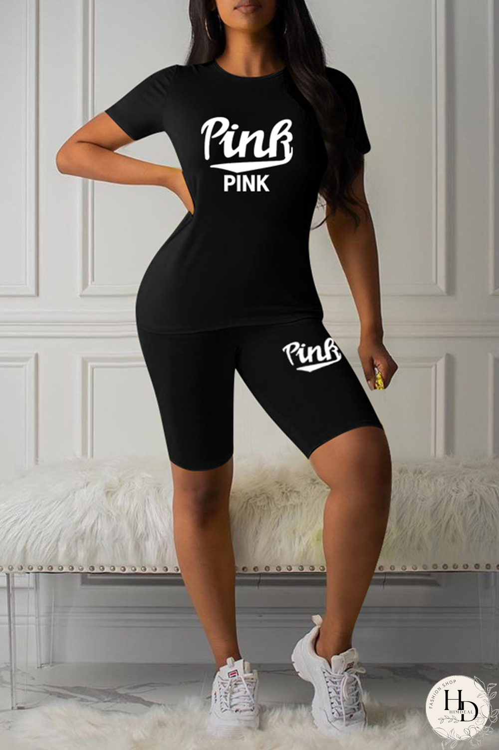 Black Sexy Print Patchwork O Neck Short Sleeve Two Pieces