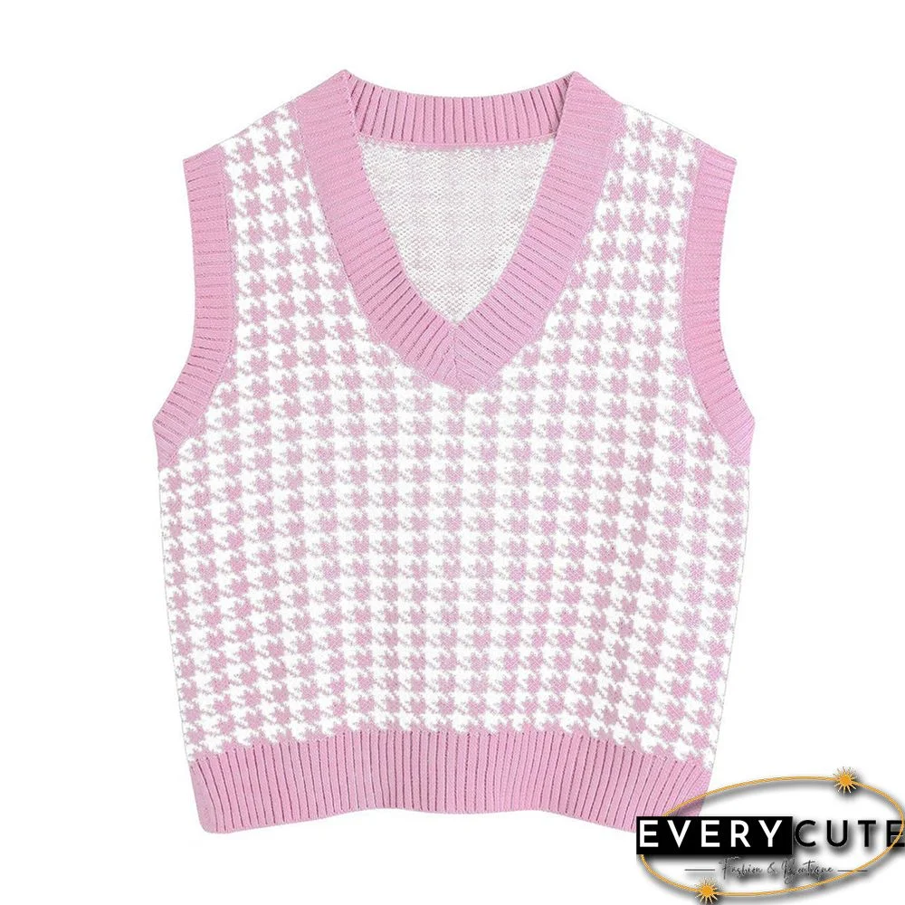 Pink Loose Style Plaid Knit Sweater Vest