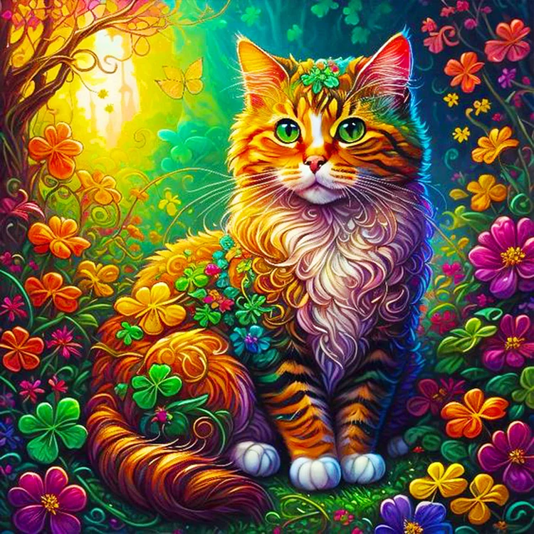 Cat Among Colorful Four-Leaf Clovers 40*40CM(Canvas) Full Round Drill Diamond Painting gbfke