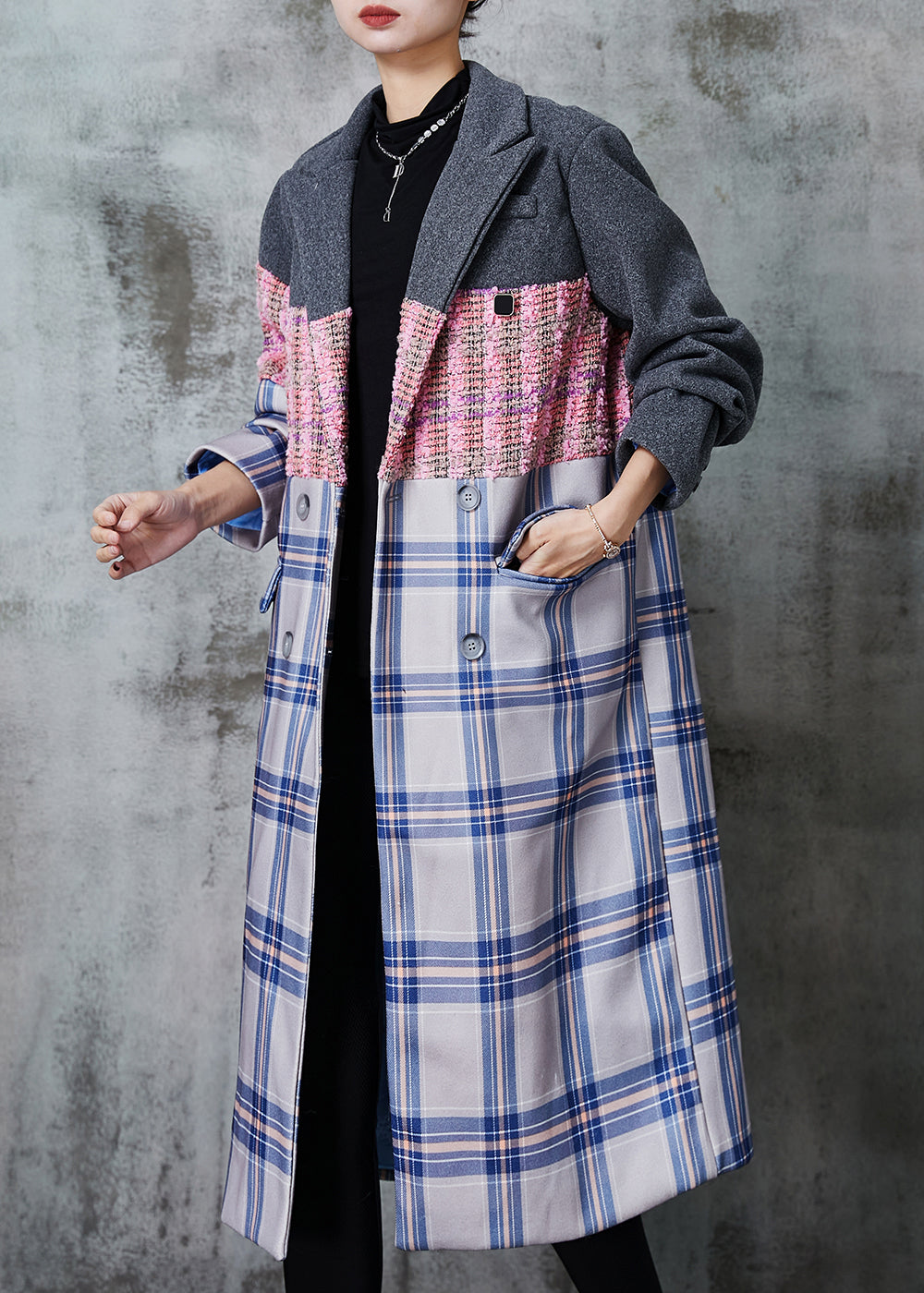 VCSHOES Colorblock Oversized Patchwork Woolen Trench Fall