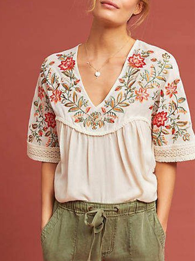 embroid Women Short Sleeve Casual shirt Top