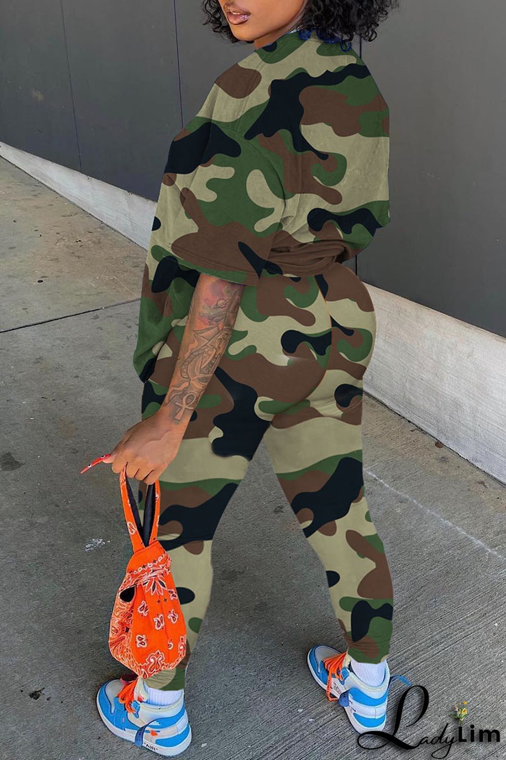 Light Brown Casual Print Camouflage Print Patchwork O Neck Short Sleeve Two Pieces