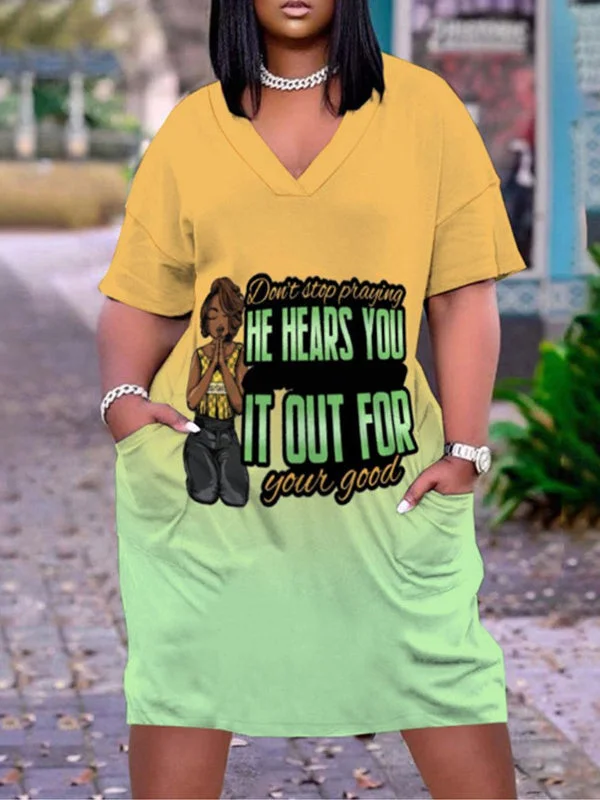 Digital Print V-Neck Casual Pocket Dress