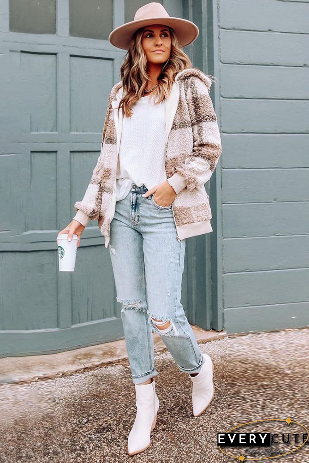 Khaki Plaid Print Zipper Fleece Hooded Coat