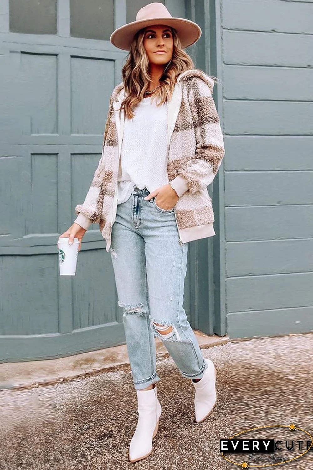 Khaki Plaid Print Zipper Fleece Hooded Coat