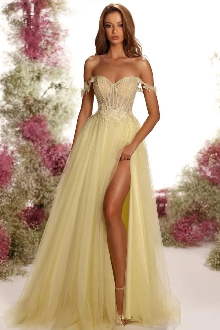 Miabel Amazing Daffodil Off the Shoulder Sweetheart Strapless Long Beaded Prom Dress with Split 