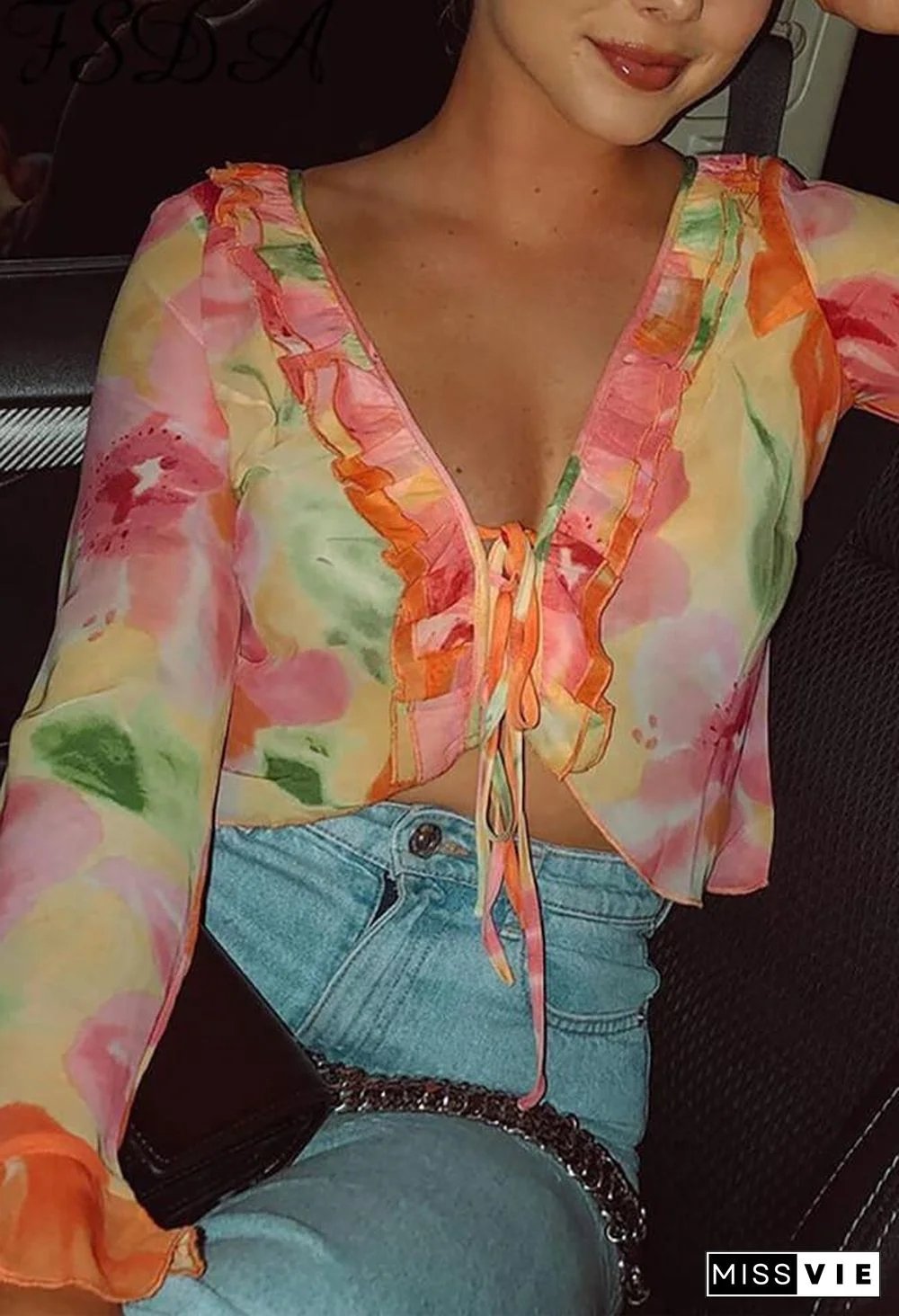 Plunge V Neck Chiffon Blouse