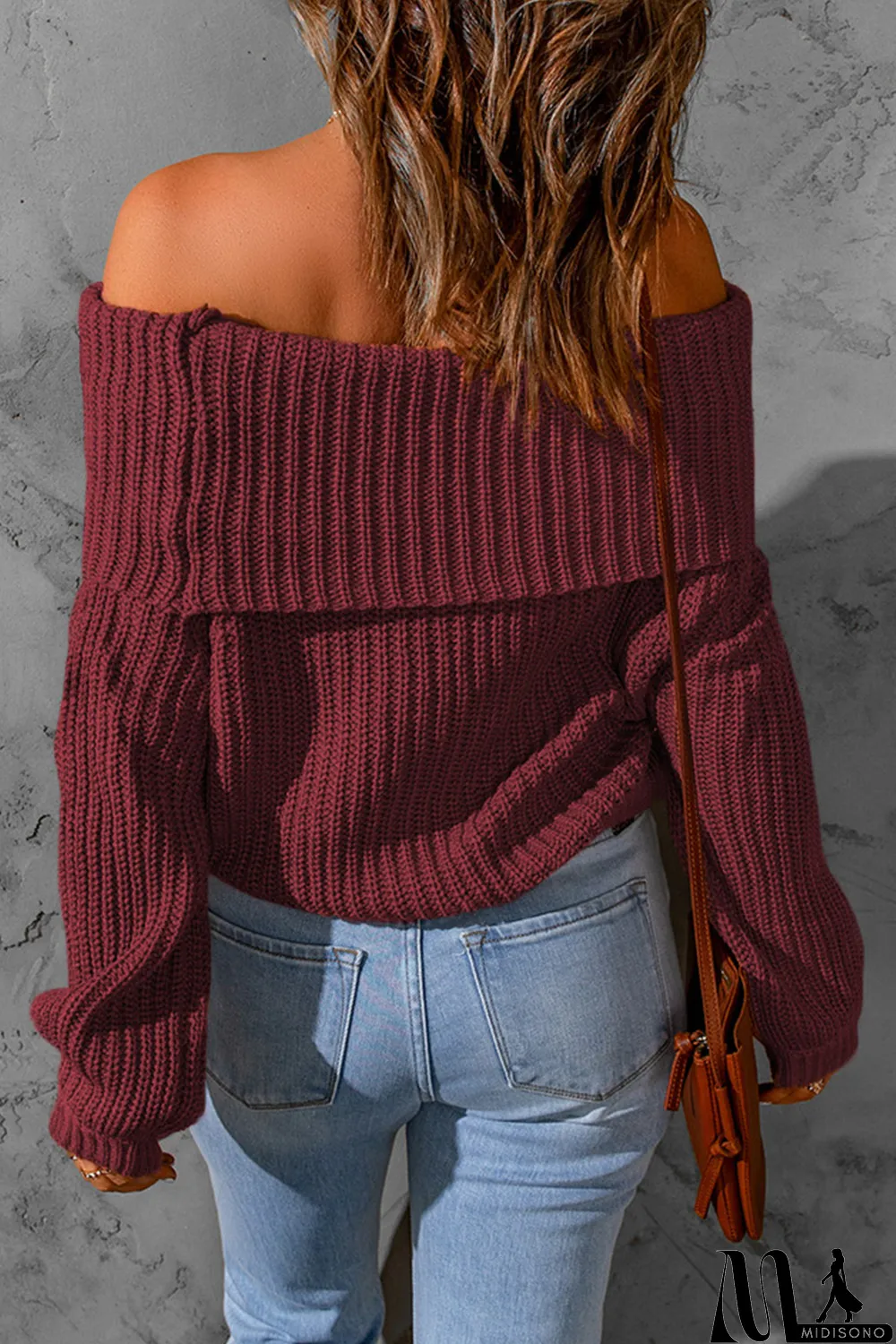 MidiSono - Red Ribbed Knit Foldover Off Shoulder Sweater