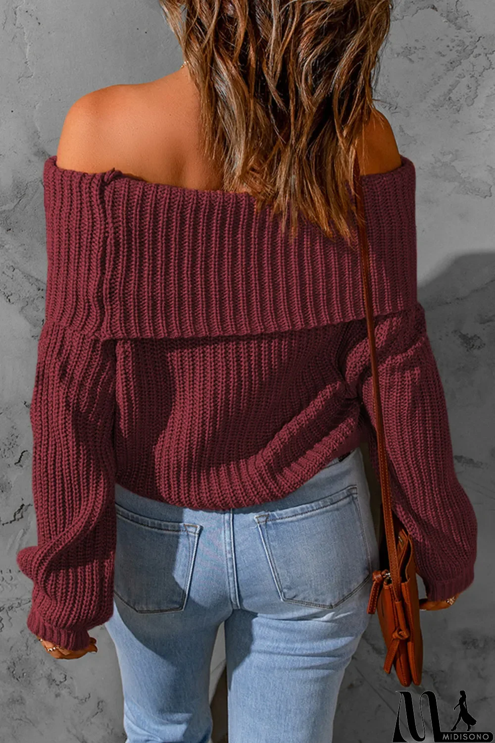 MidiSono - Red Ribbed Knit Foldover Off Shoulder Sweater
