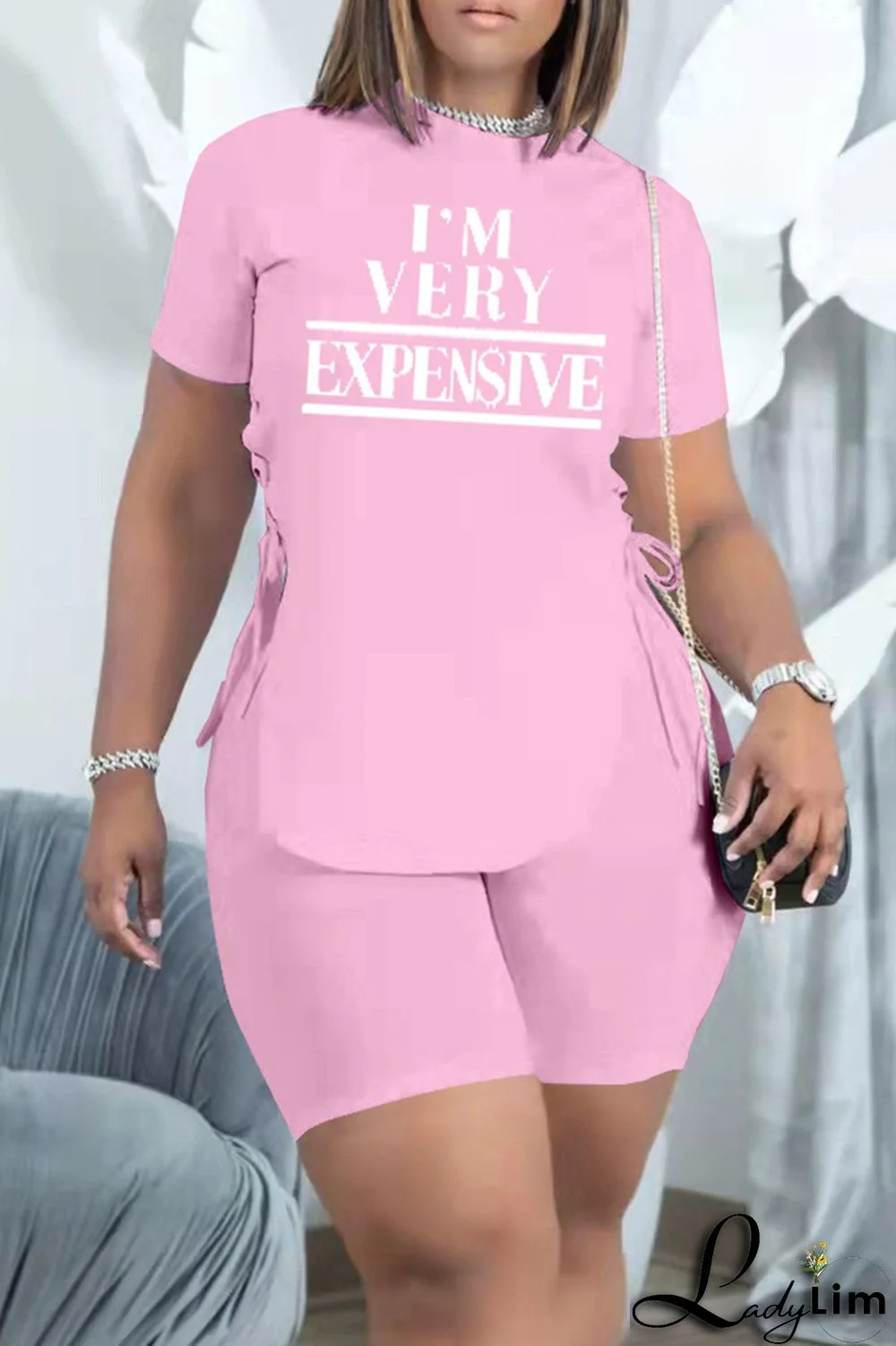 Pink Fashion Casual Letter Print Bandage O Neck Short Sleeve Two Pieces