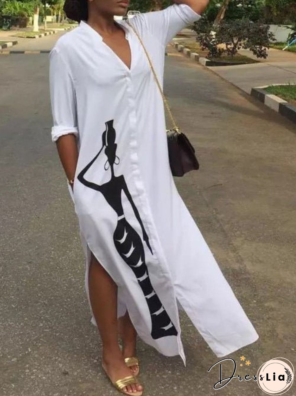 Women'S Dresses Printed Buttons Slit Shirt Dress