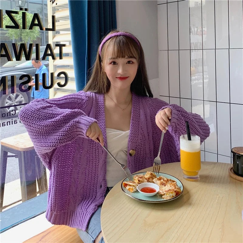 Women Cardigans New Fashion Solid Lantern Long Sleeve V-neck Twist Knitted Short Sweaters Korean Colorful Sweet Students Outwear