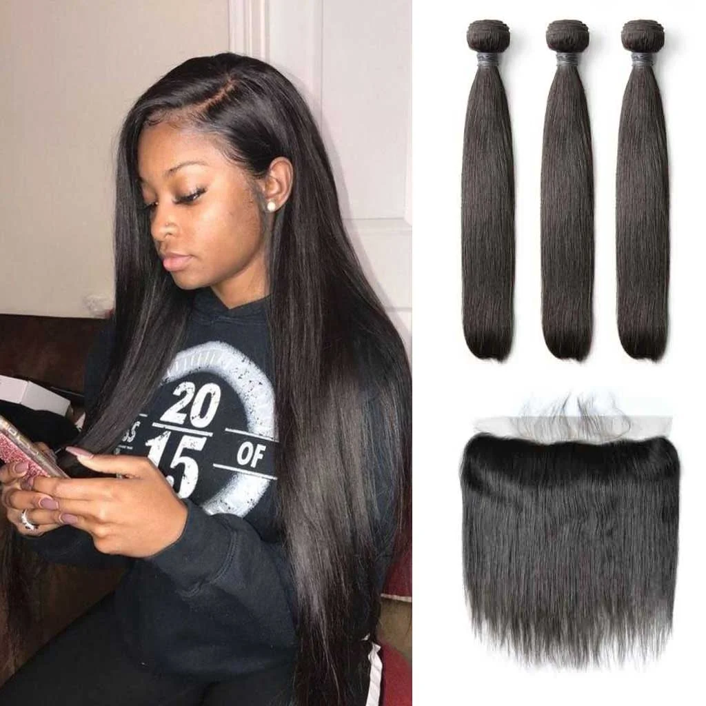 【12A 3PCS+ 13*4 Frontal】 Brazilian Human Hair Straight 3 bundles hair weave and 1pc 13*4 Lace Frontal Closure