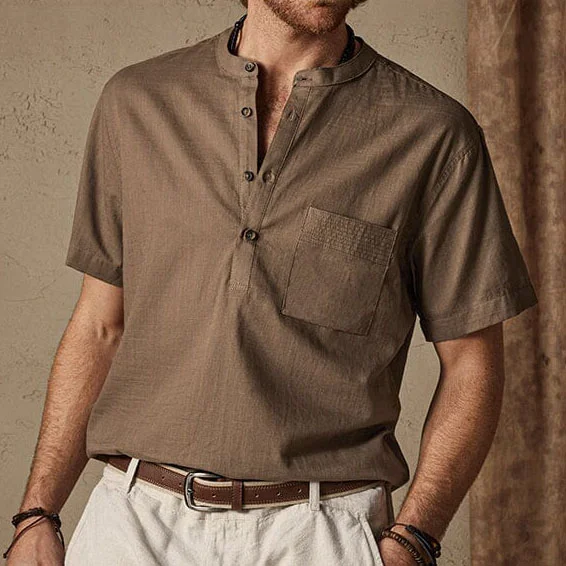 Men's Cotton Linen Shirt Henley Pocket Beach Vacation Hawaiian Short Sleeve Casual Daily Tops-inspireuse