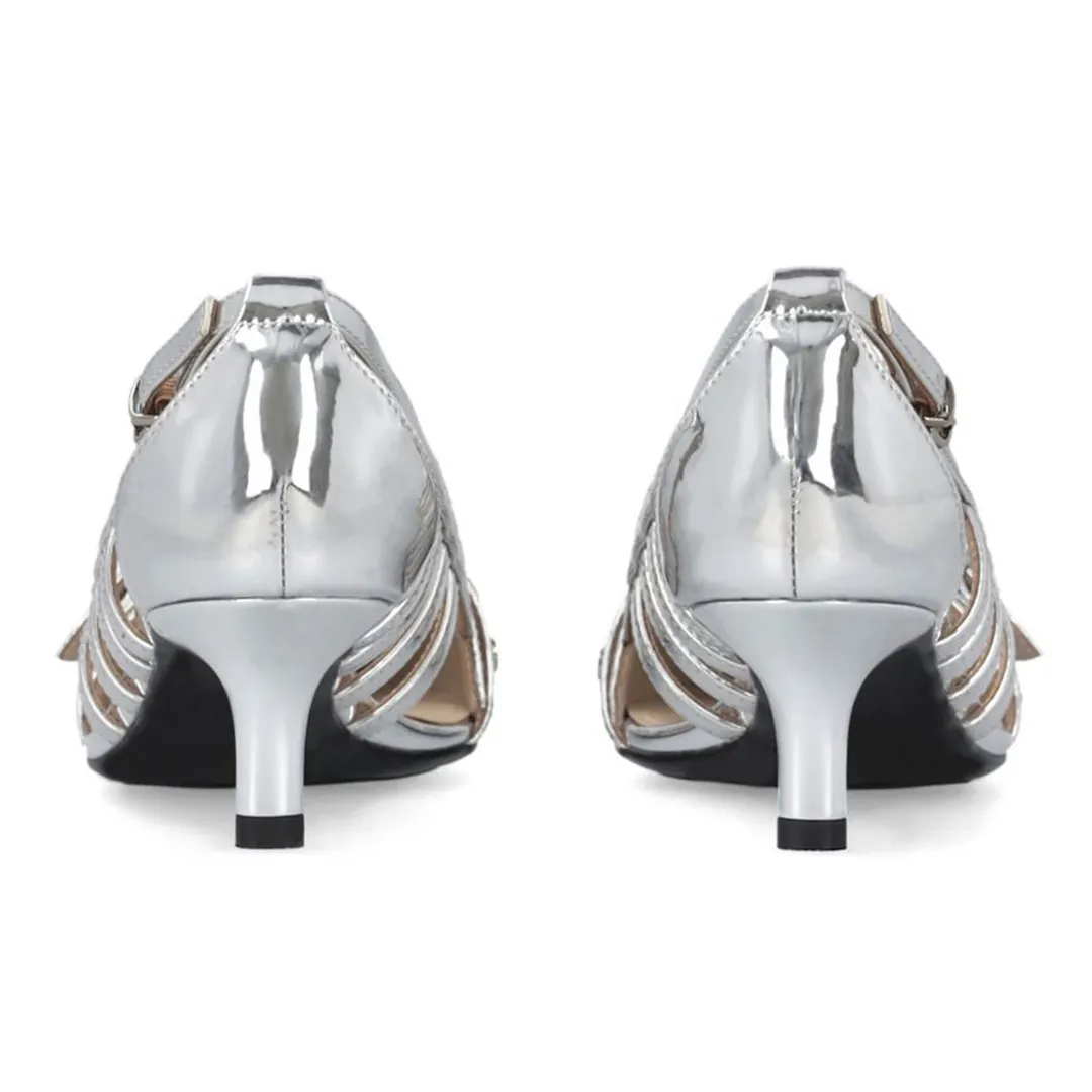 Silver Metallic Finish Pointed Toe Buckle Strap Pumps for Women