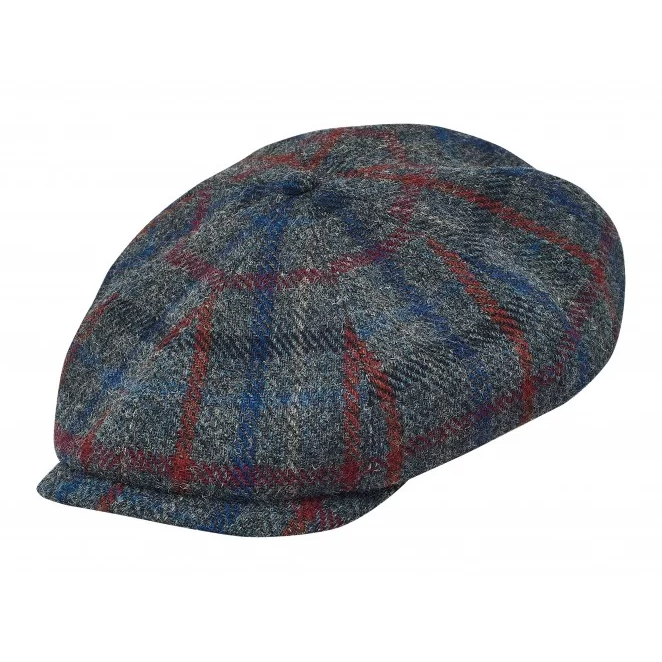 PEAKY CAPS SHELBY - HARRIS TWEED Genuine Scottish Harris Tweed 8 Panels Man Cap Grey-Blue-red