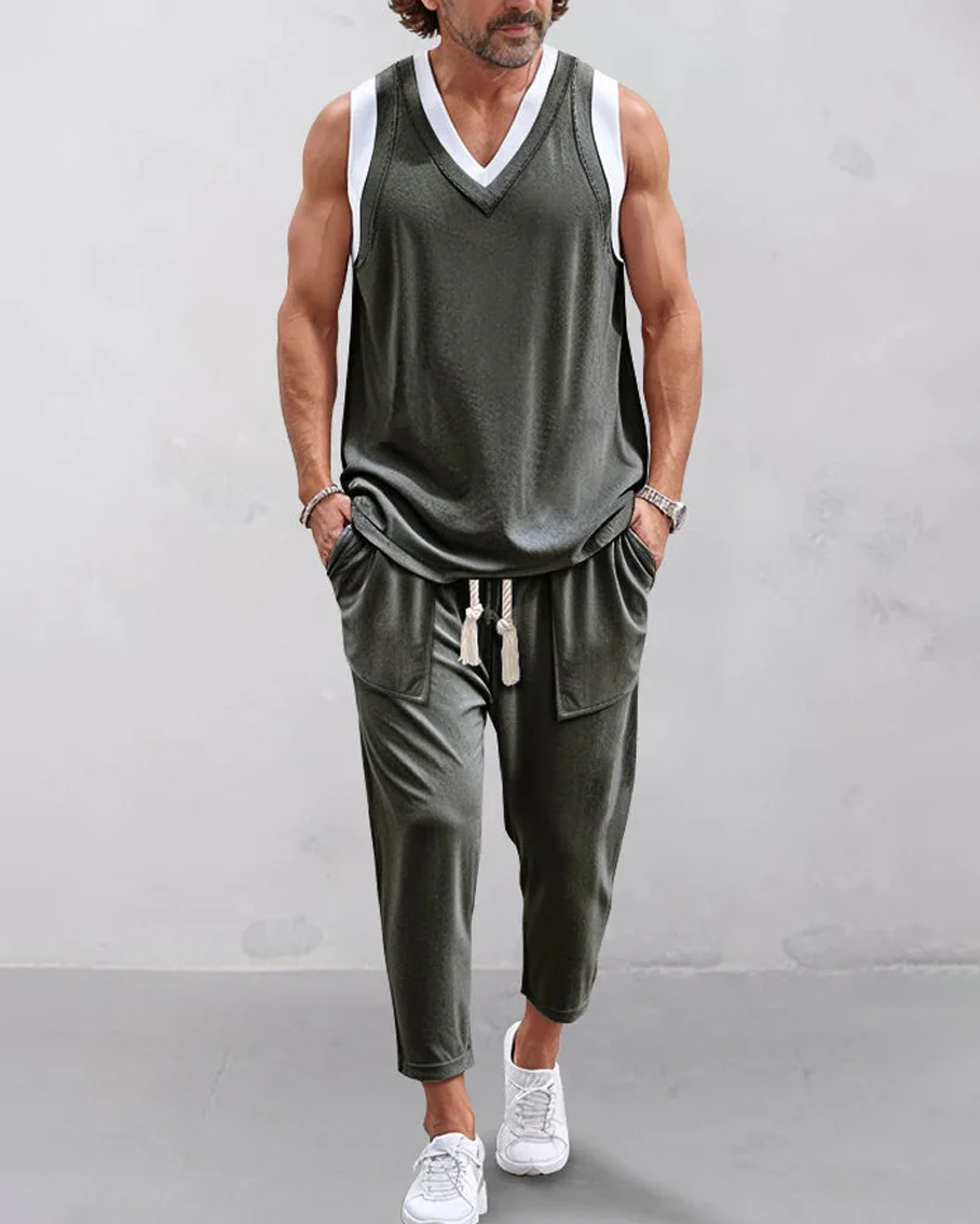 Men's daily casual V-neck vest with trousers Set 004
