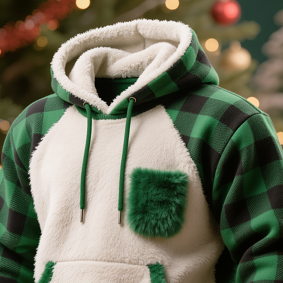 Men's 3D Print Plush Stitching Christmas Plaid Warm Hoodie-inspireuse